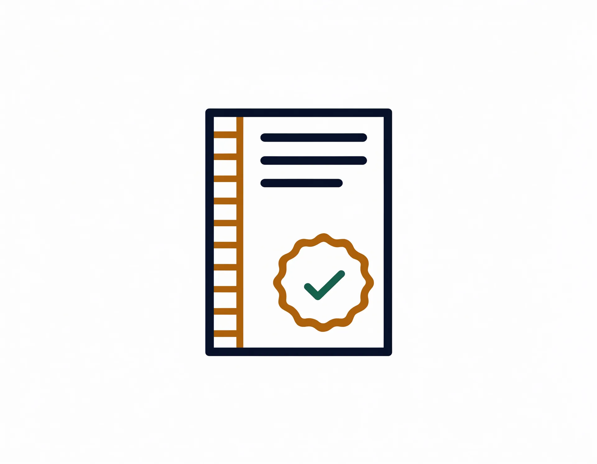 Iconographic line glyph of a sheriff-ready ownership affidavit: a navy outline page with a brass ruled margin, a brass scalloped notarial seal, and a verdict-green checkmark.