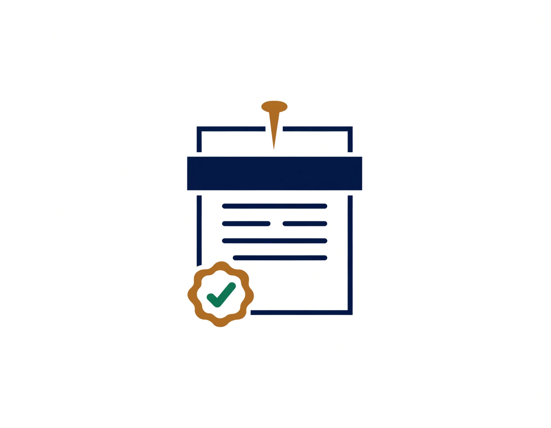 Iconographic line glyph of a state-correct notice-to-vacate: a navy outline notice page pinned with a brass tack, a brass scalloped seal, and a verdict-green checkmark.