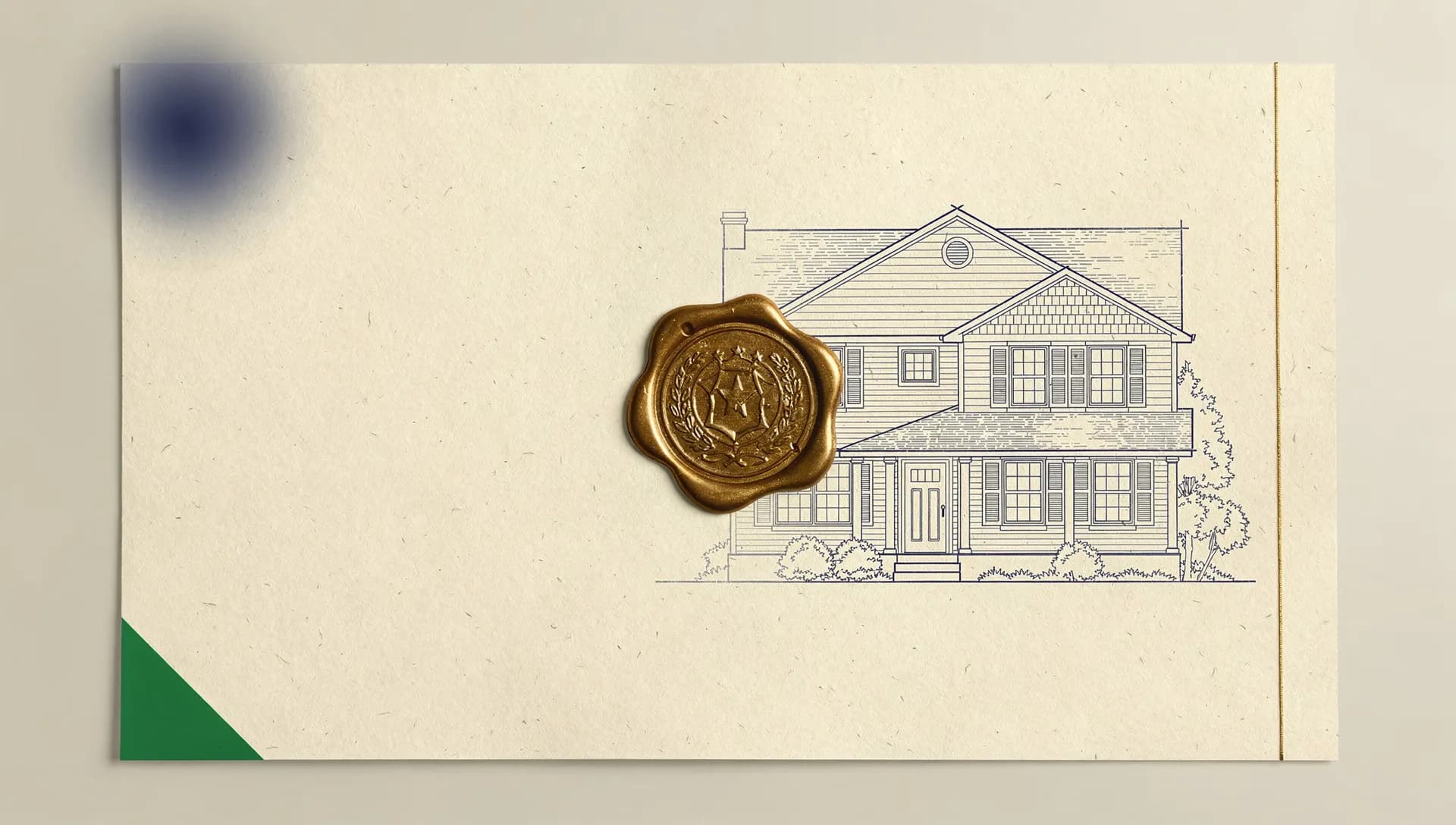 Editorial illustration of an American home rendered as a navy blueprint on warm ivory legal paper, secured by an embossed brass wax seal — calm, sheriff-grade resolution.